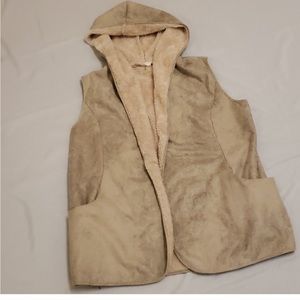 Entro Faux Suede Fur Sleeveless Hood Vest Cardigan Tan Off White Women's Large L